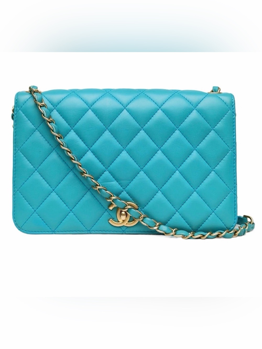 CHANEL Turquoise Quilted Leather Crossbody with Gold Chain